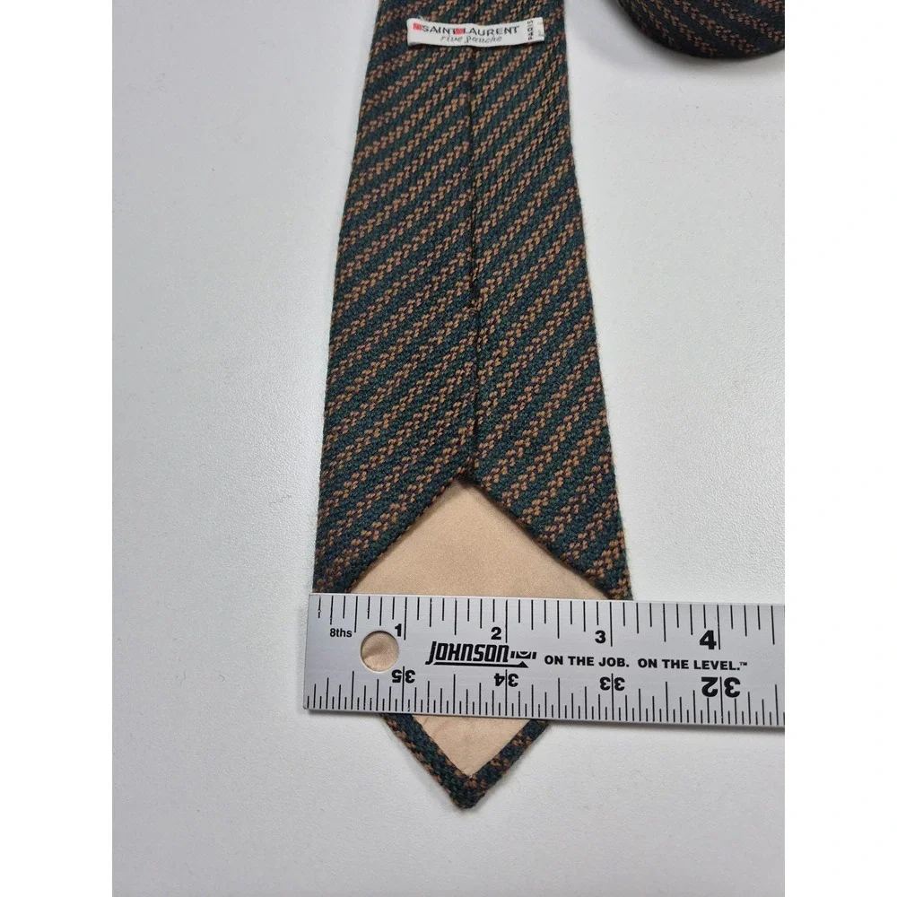 Vintage Saint Laurent Tie Mens One Size Green Striped 100% Wool Made In England